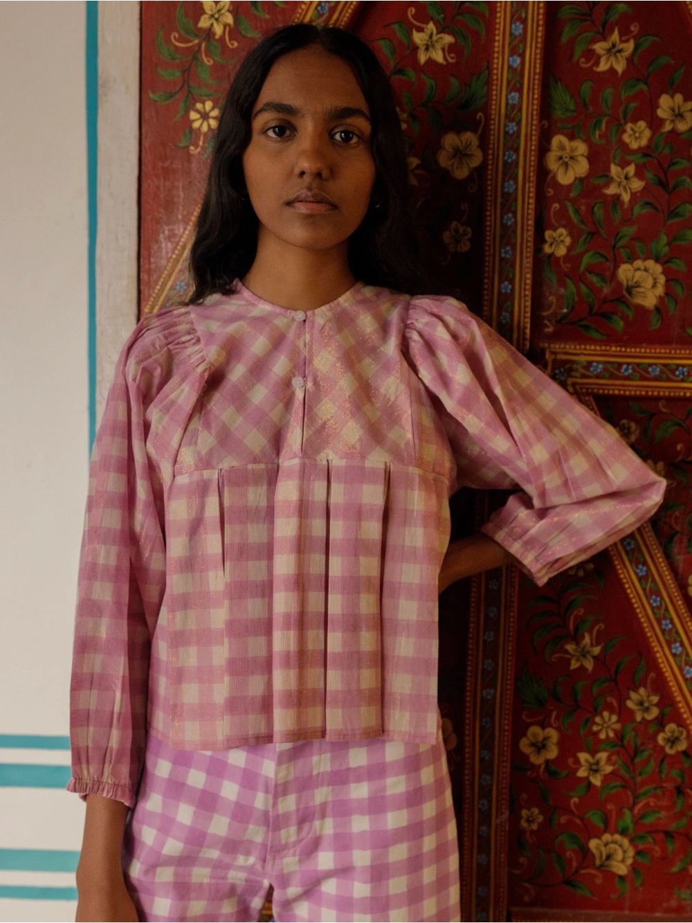 SZ Bockprints x Double ADM Gingham Pink Blouse Top